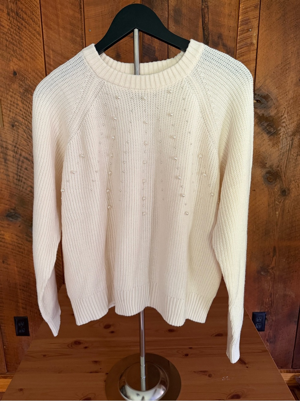 French Connection Pearl Embellished Ribbed Knit Sweater Cream Coquette XL